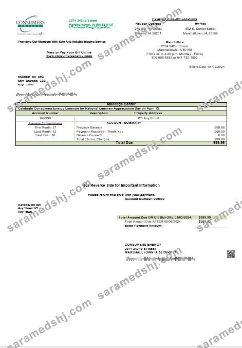 USA Consumers Energy business utility bill template in Word and PDF formats